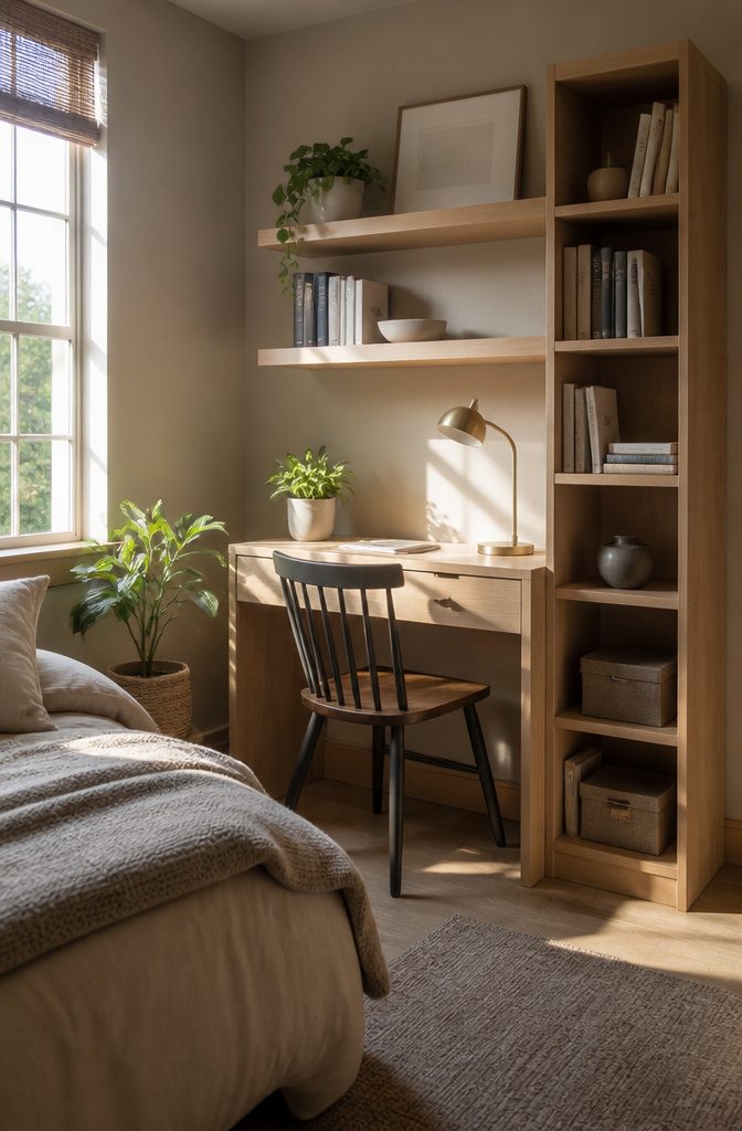 9 Small Bedroom Bookcase Ideas for Tight Spaces 2026 8 A sleek desk with an integrated bookshelf and floating shelves.