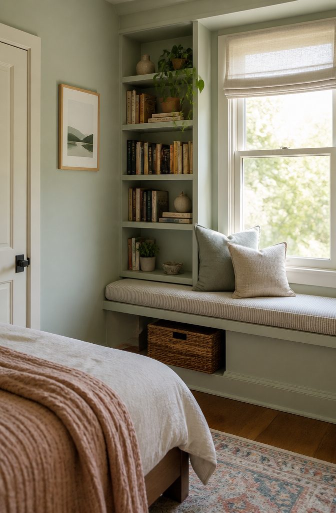 9 Small Bedroom Bookcase Ideas for Tight Spaces 2026 7 A window seat with fitted shelves above it in a bedroom.