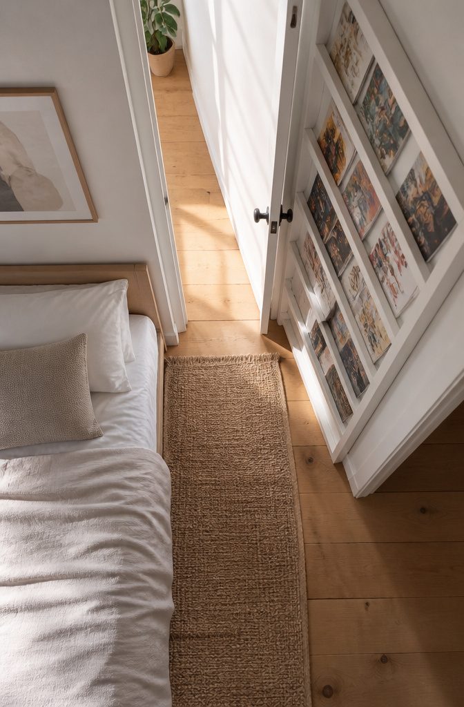 9 Small Bedroom Bookcase Ideas for Tight Spaces 2026 9 A narrow bookcase positioned behind an open door.