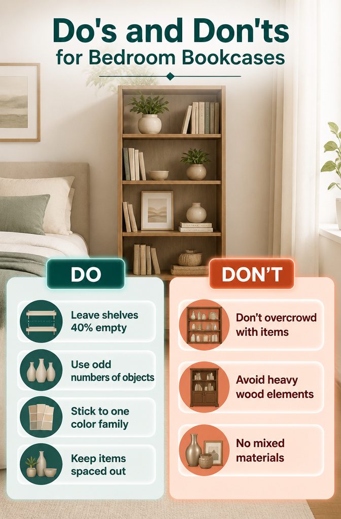 9 Small Bedroom Bookcase Ideas for Tight Spaces 2026 10 A cluttered bookshelf filled with various objects and books.