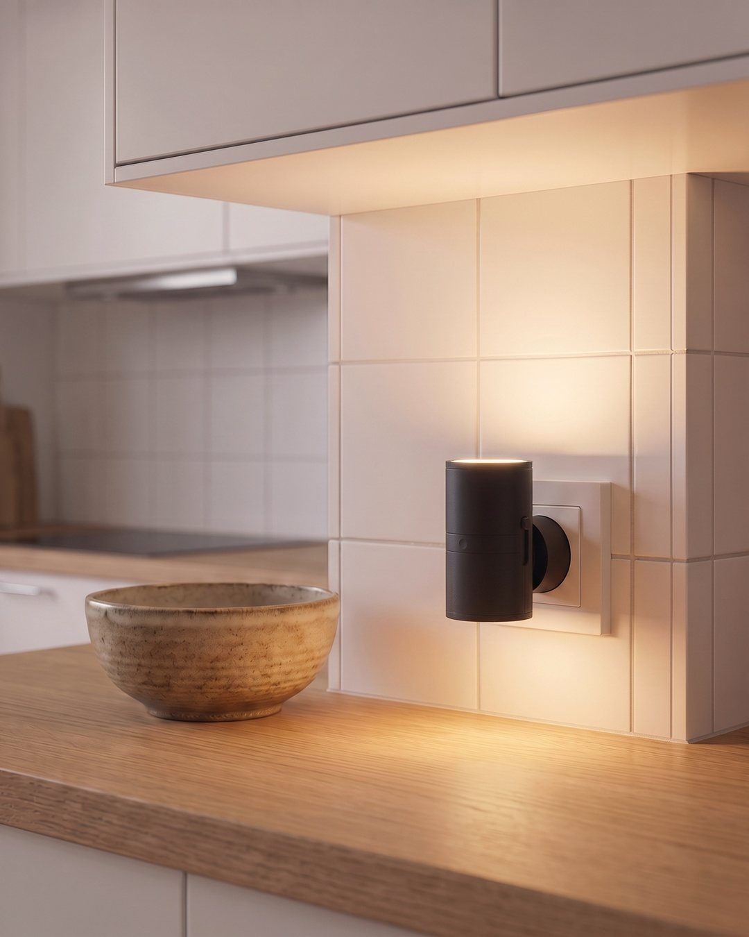 Black plug-in light on white tiled backsplash illuminating a wooden kitchen countertop