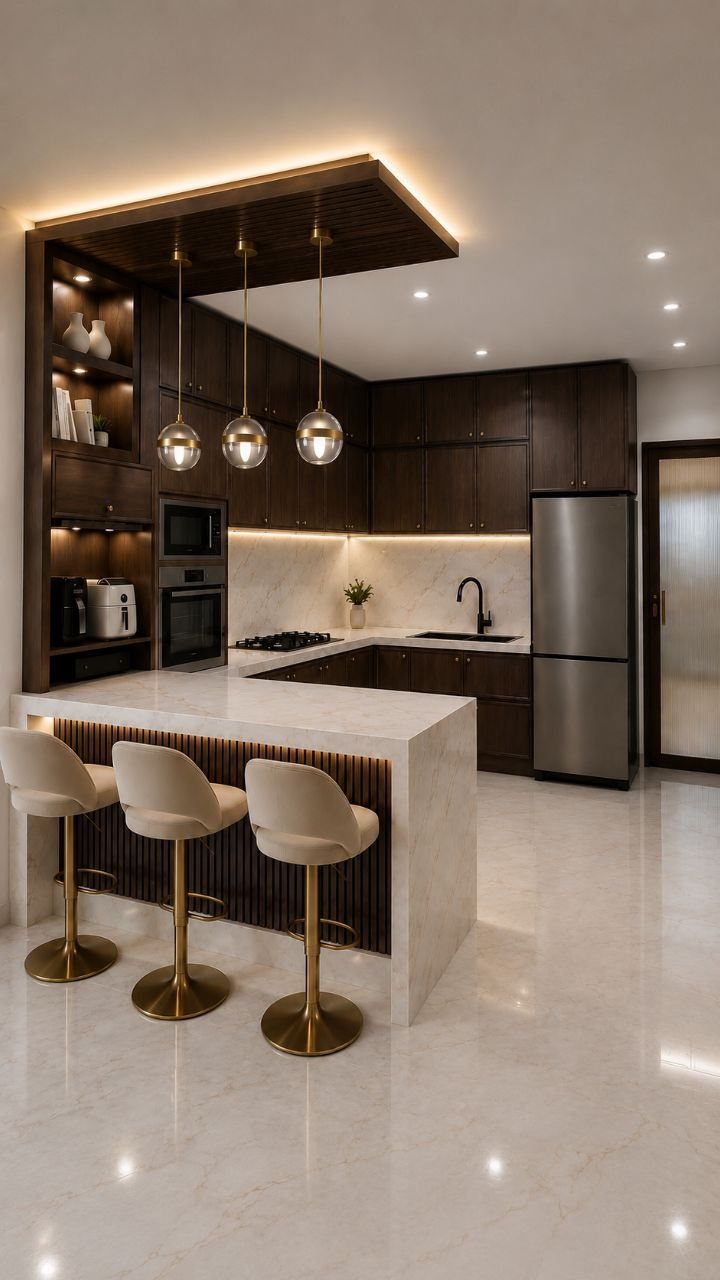 Three glass globe pendant lights hanging over a white kitchen breakfast bar