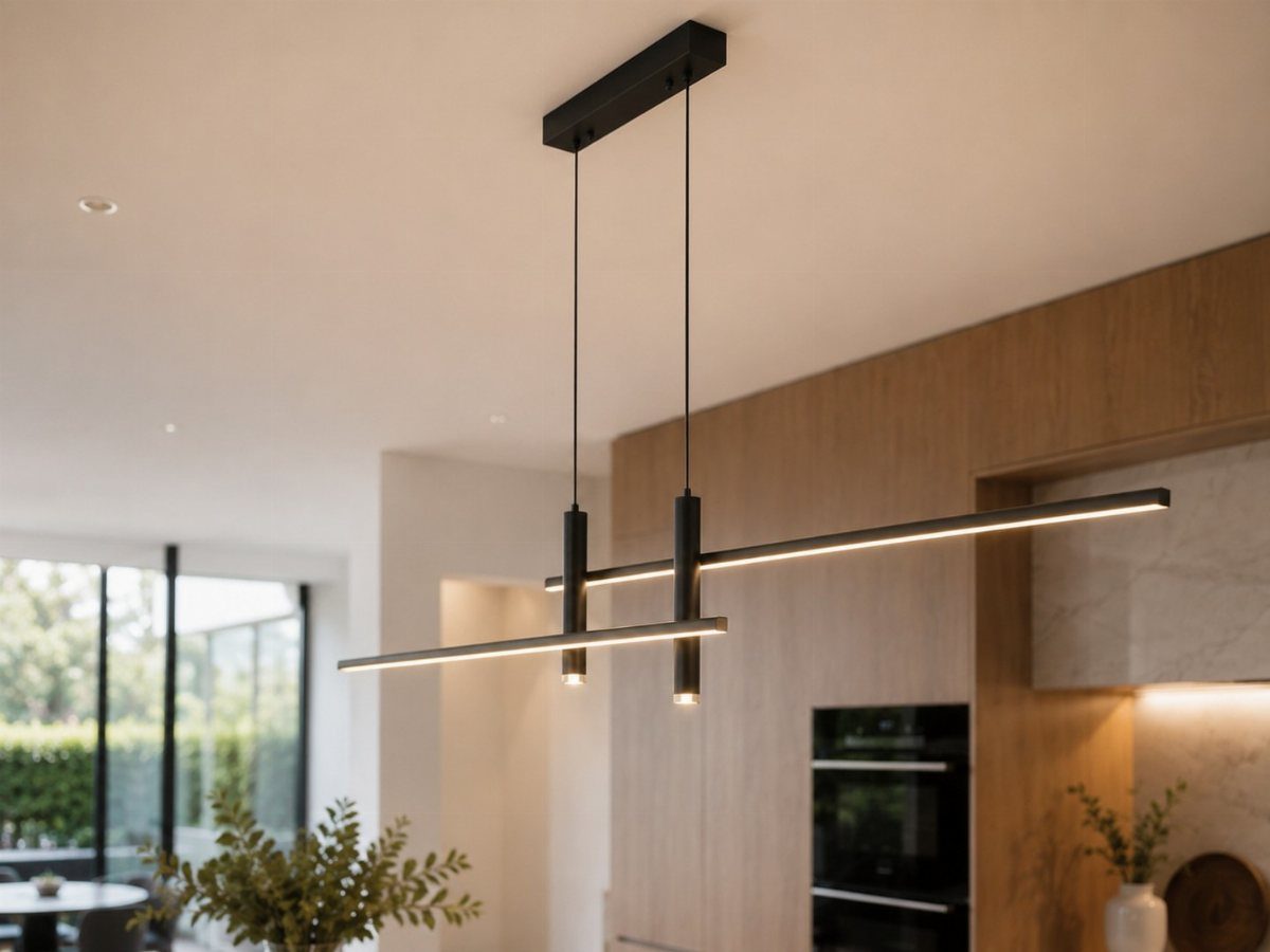 Linear pendant light with intersecting black bars hanging in a modern kitchen