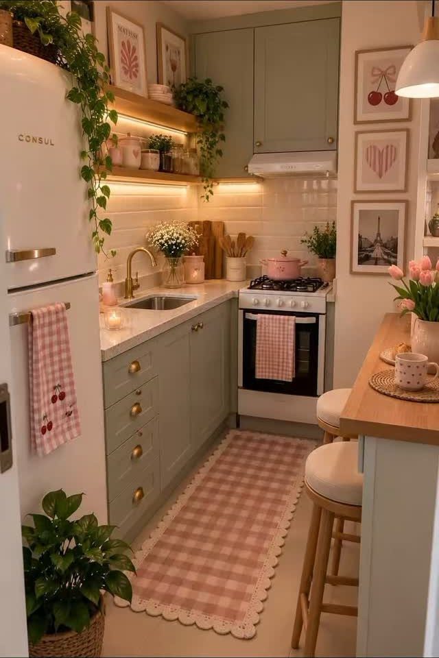 Small sage green kitchen with warm under-cabinet lighting illuminating white tiled countertops.