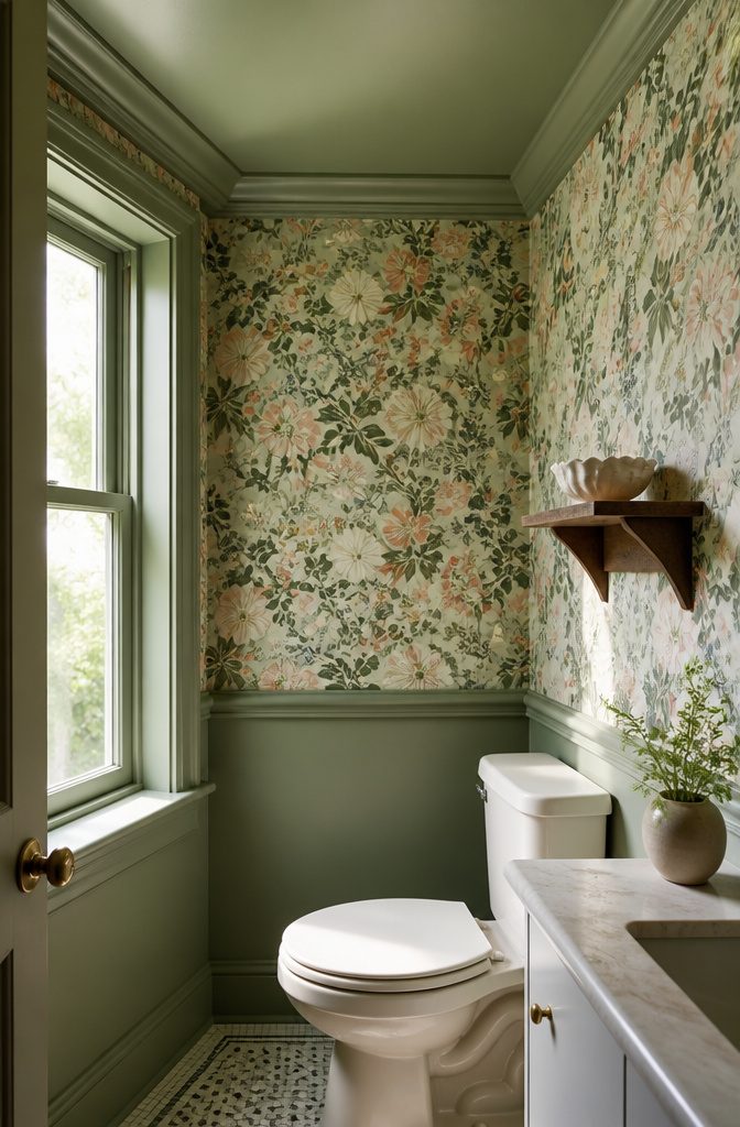 Small bathroom with sage green walls and floral wallpaper.