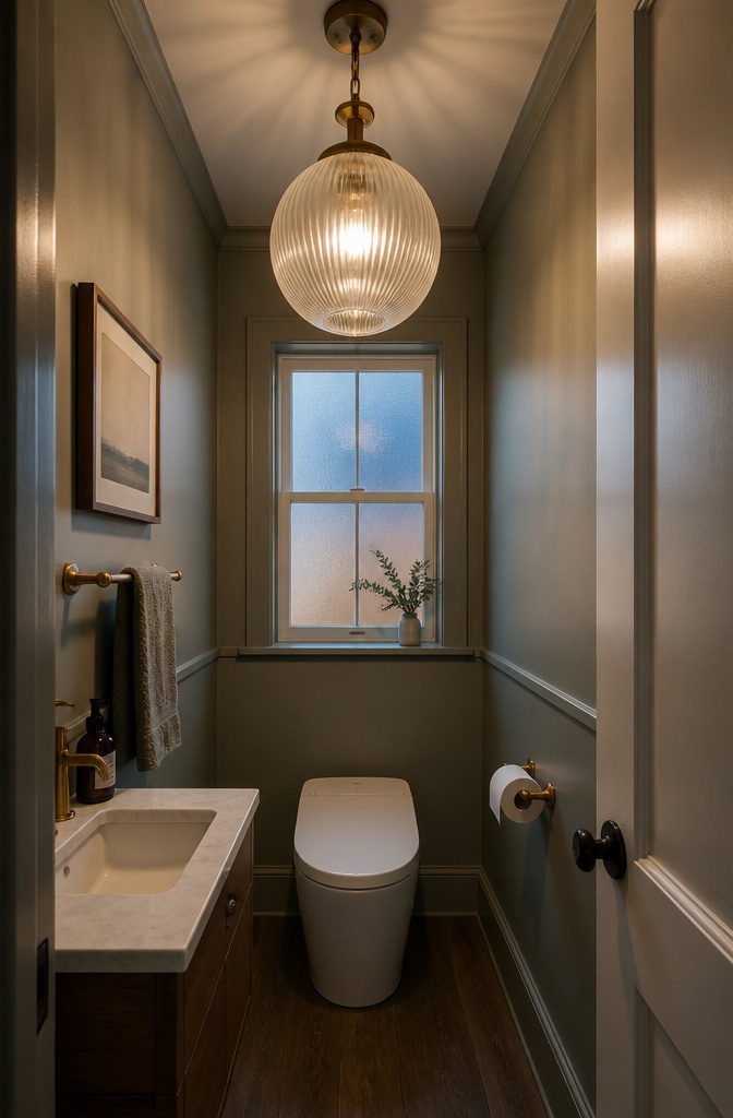 Elegant ribbed glass globe light fixture above a small bathroom.