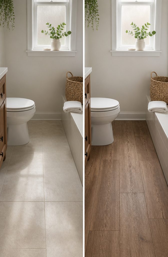 Bathroom floor with new peel-and-stick tiles in a patterned design.
