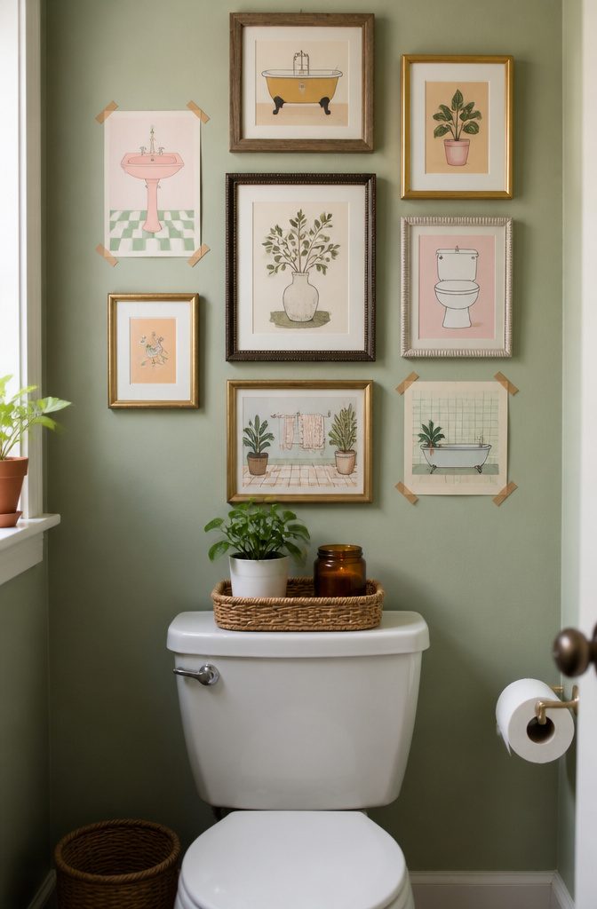 Gallery wall with bathroom-themed prints above a toilet.
