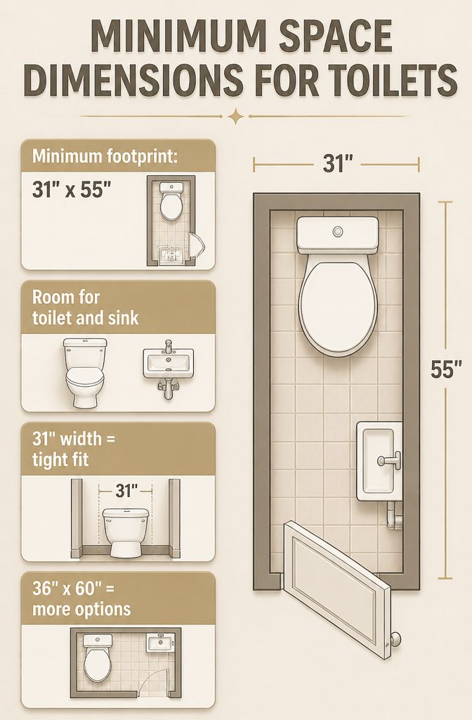 Graphic showing minimum space dimensions for toilets.