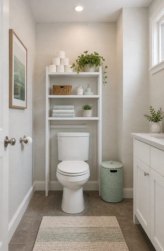 Over-the-toilet shelf unit with decorative items and toilet paper.