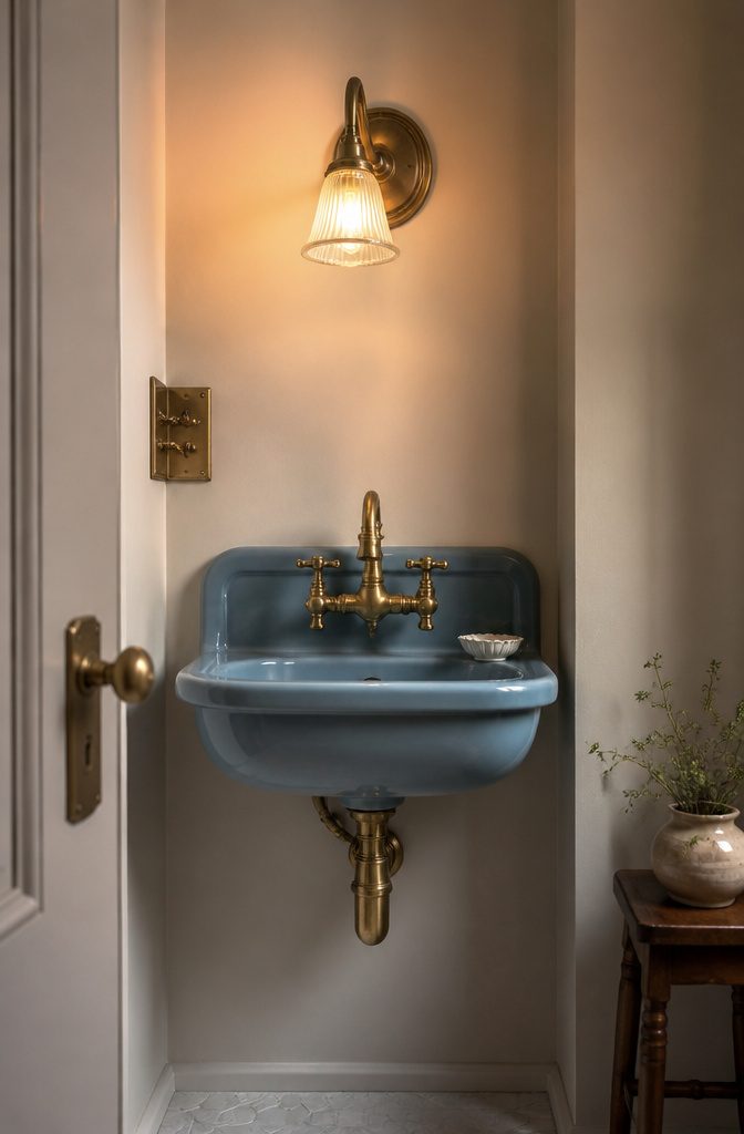 Small bathroom with vintage-style fixtures and warm tones.