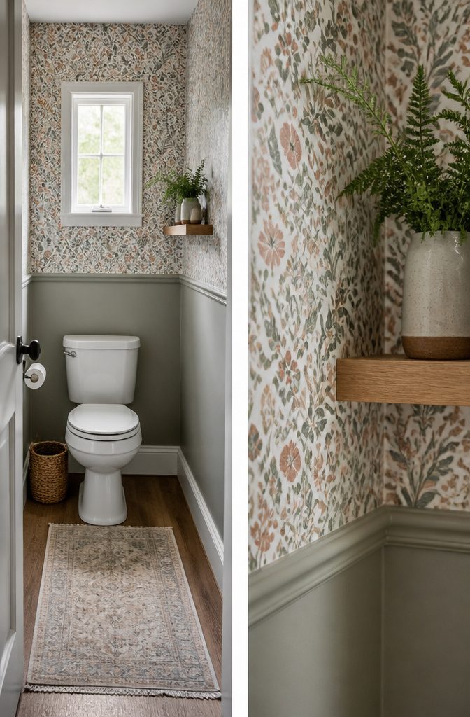 Bathroom wall with peel-and-stick wallpaper in floral patterns.