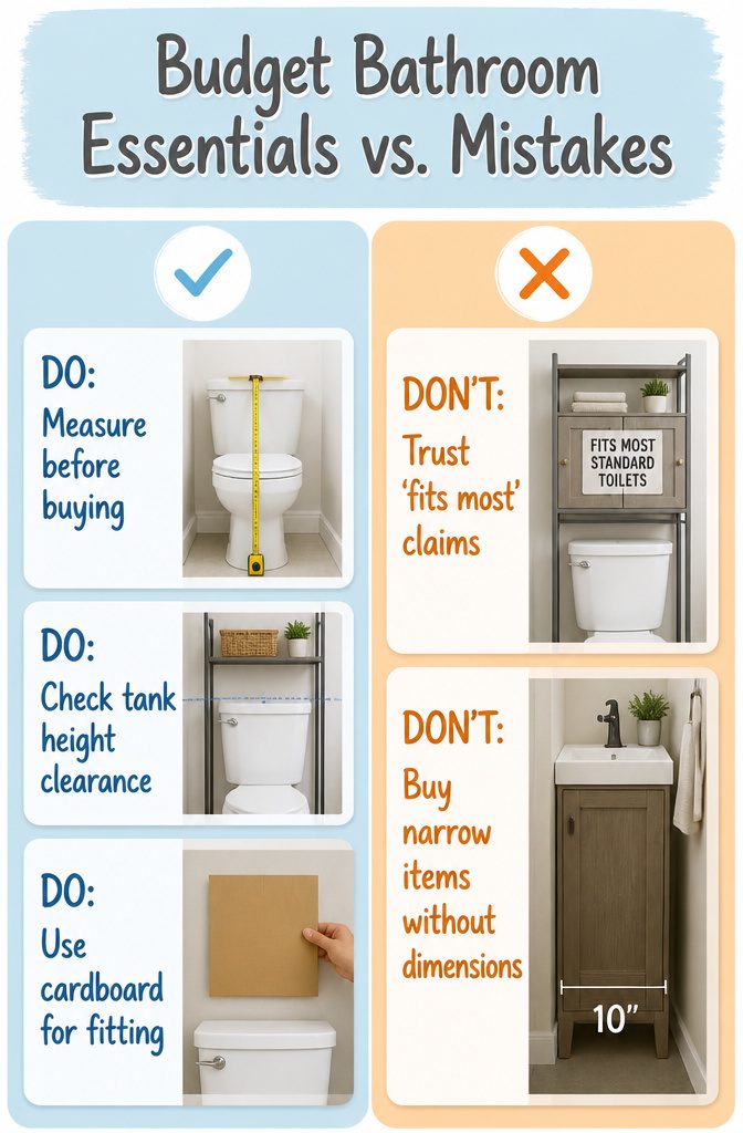 Illustration of budget bathroom essentials and measuring tips.