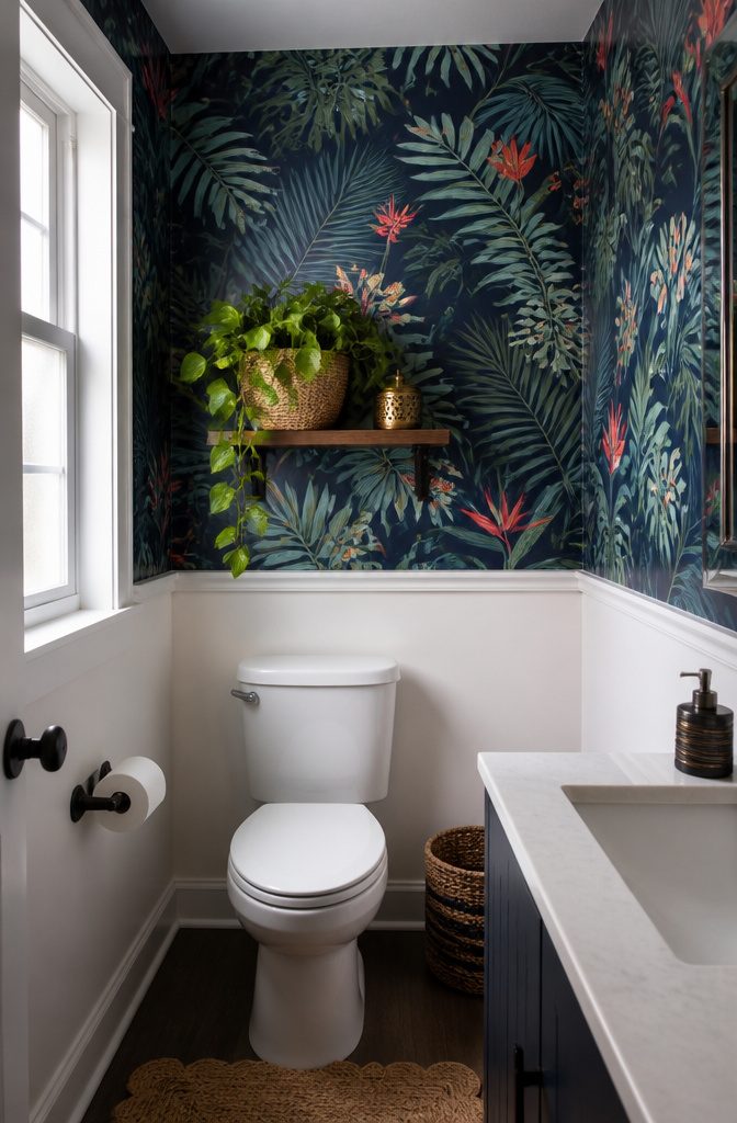 A bathroom with dark navy peel-and-stick wallpaper featuring tropical prints.