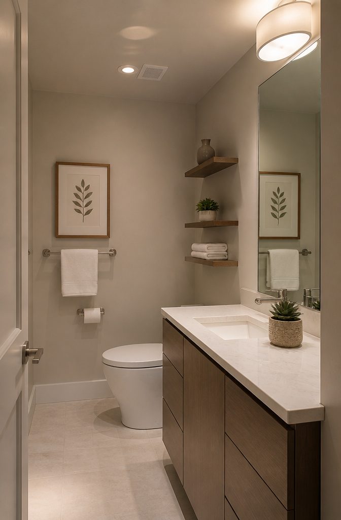 A small bathroom illuminated by flush mount and spotlights.