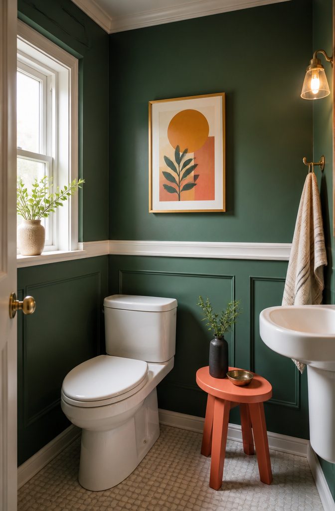A small bathroom with vibrant green walls and colorful decor.