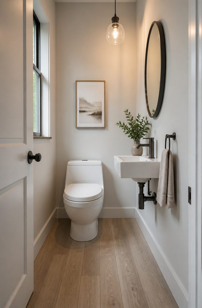A corner toilet and reduced-depth sink in a small bathroom.