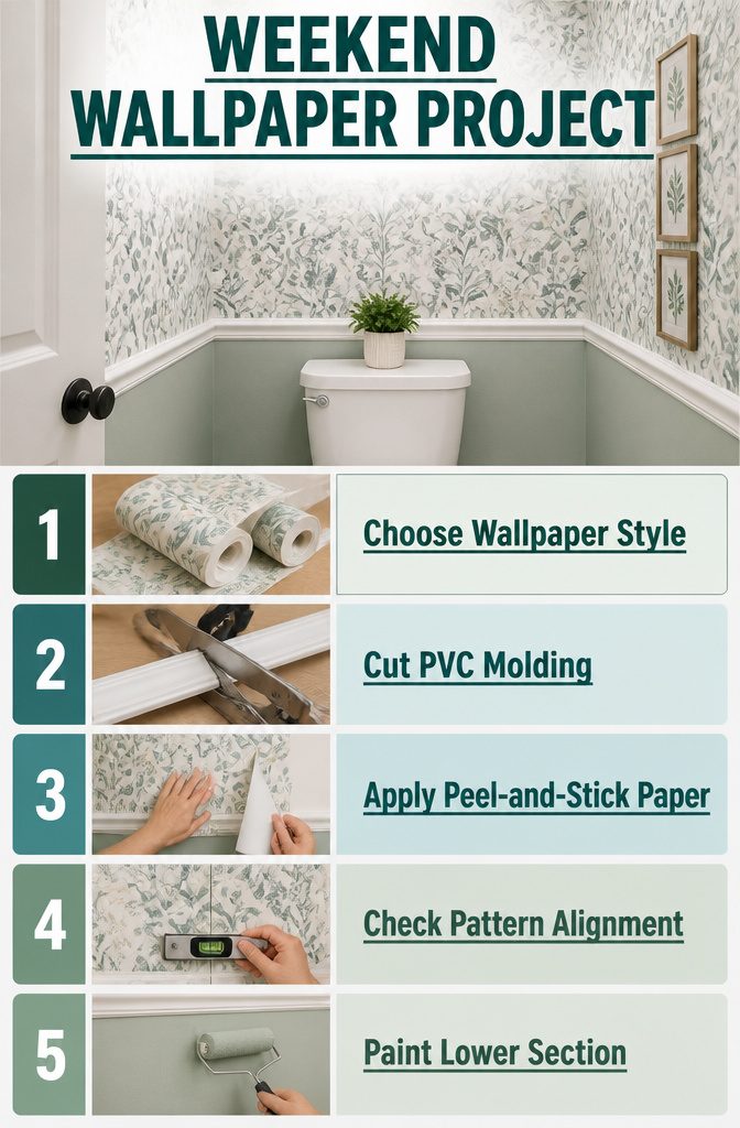 An informative image about a DIY wallpaper project for small toilets.