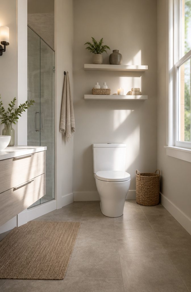 Floating shelves above a toilet displaying decorative items.