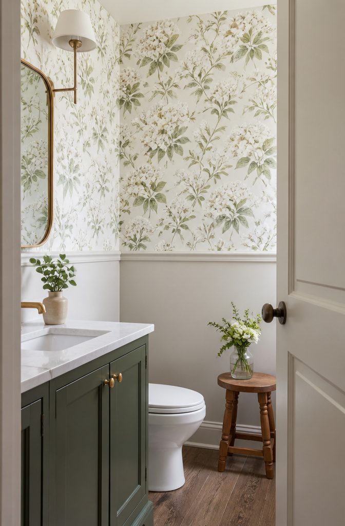 A powder room with floral wallpaper and a small wooden stool.