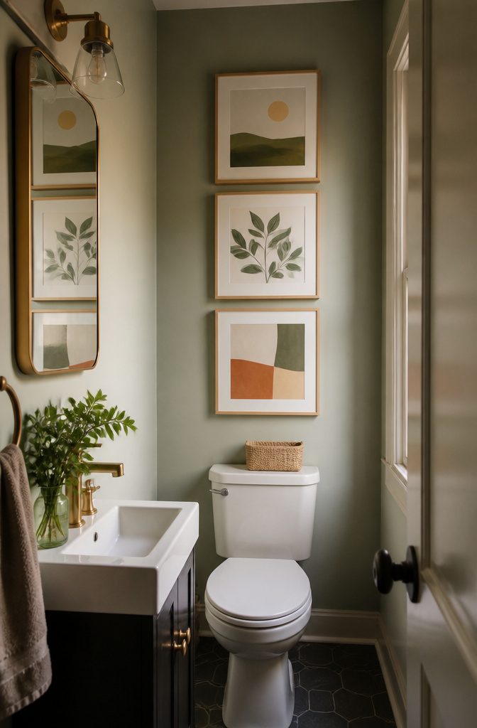 A gallery wall of framed prints arranged above a toilet.