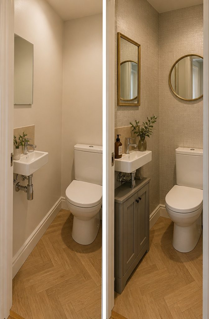 A small bathroom with a mirror above the sink reflecting light.