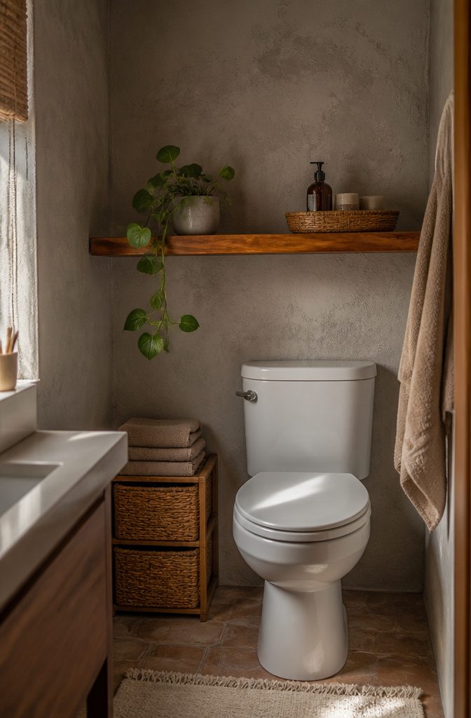 A wooden shelf and plant above a toilet in a small bathroom.