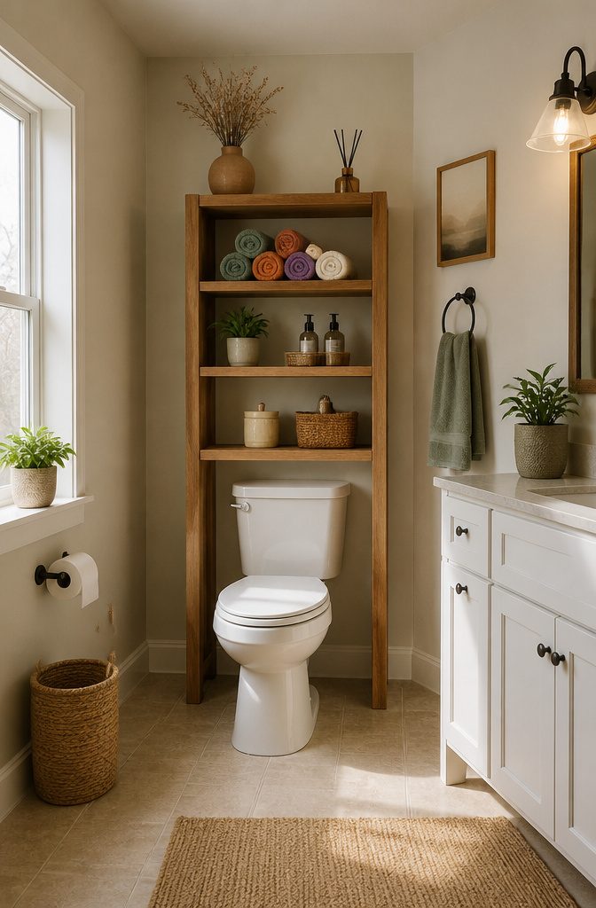A wall-mounted storage unit above a toilet for bathroom essentials.