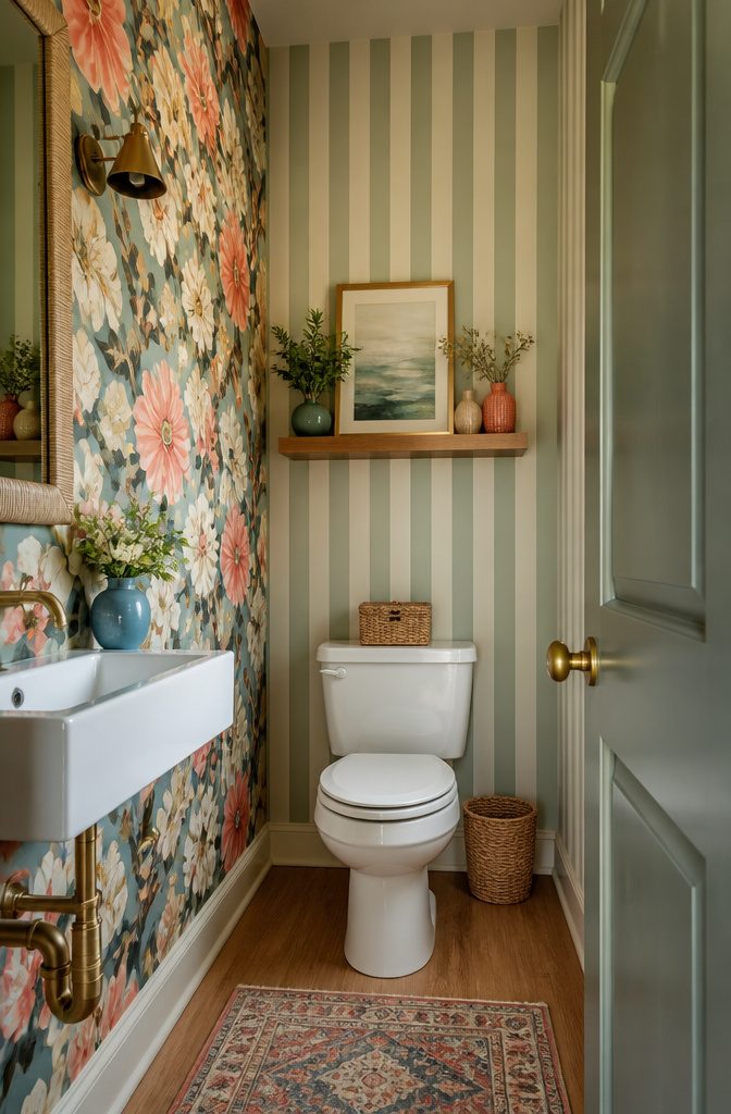 A small bathroom with floral and striped wallpaper patterns.