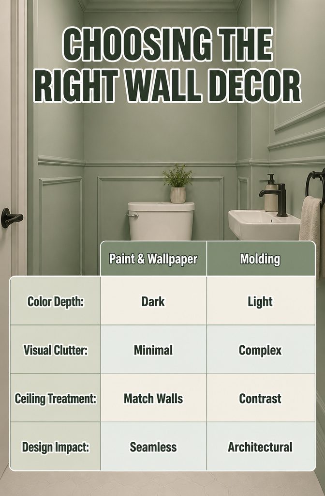 An informative image discussing wall decor options for small toilets.