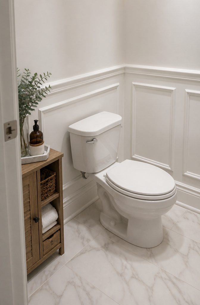 A bathroom corner with white picture-frame style wall molding.