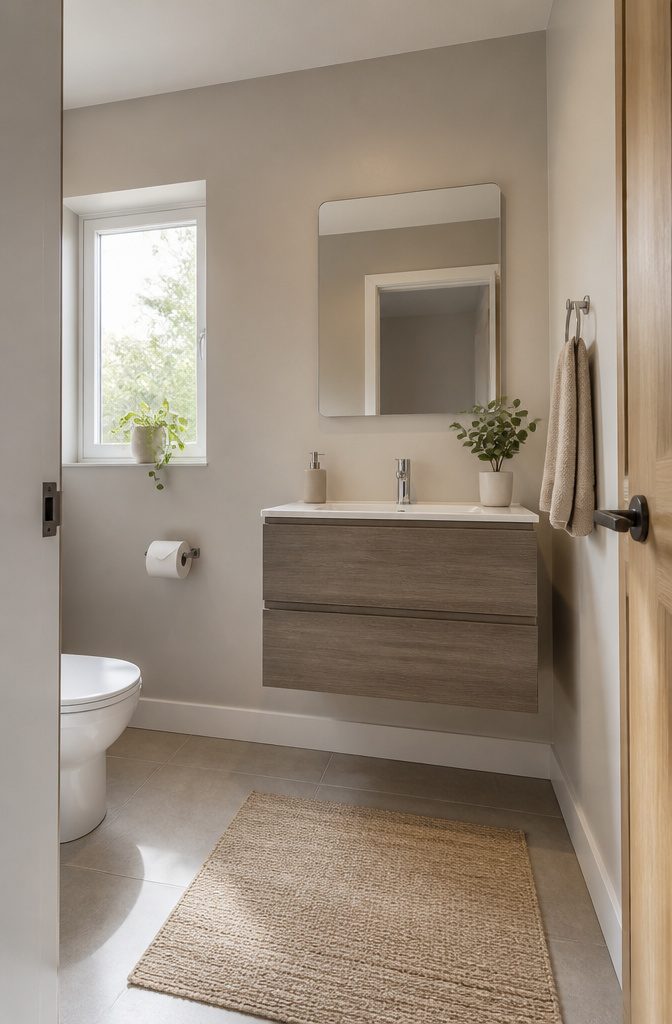 A wall-mounted vanity unit and toilet in a small bathroom.
