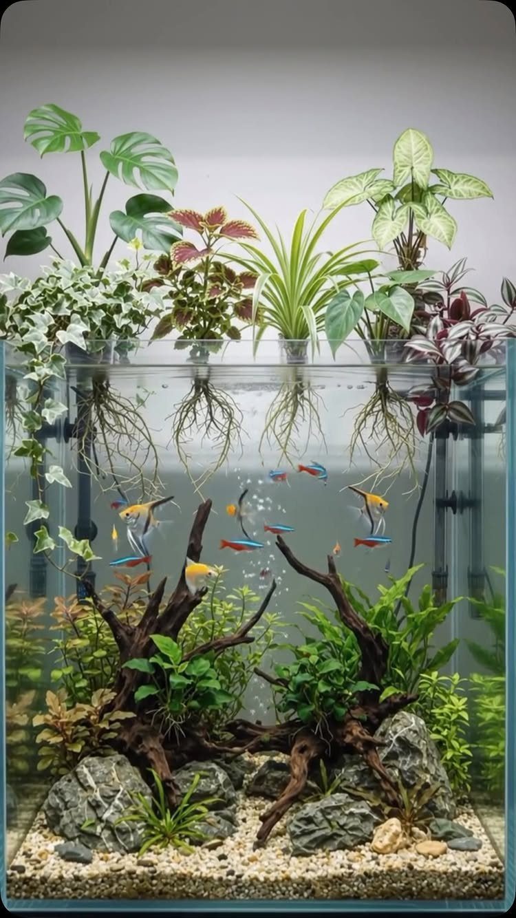 10 Best Spider Plant for Office Ideas for Your Desk (2026) 5 Aquarium with colorful fish and a spider plant growing on top with exposed roots.