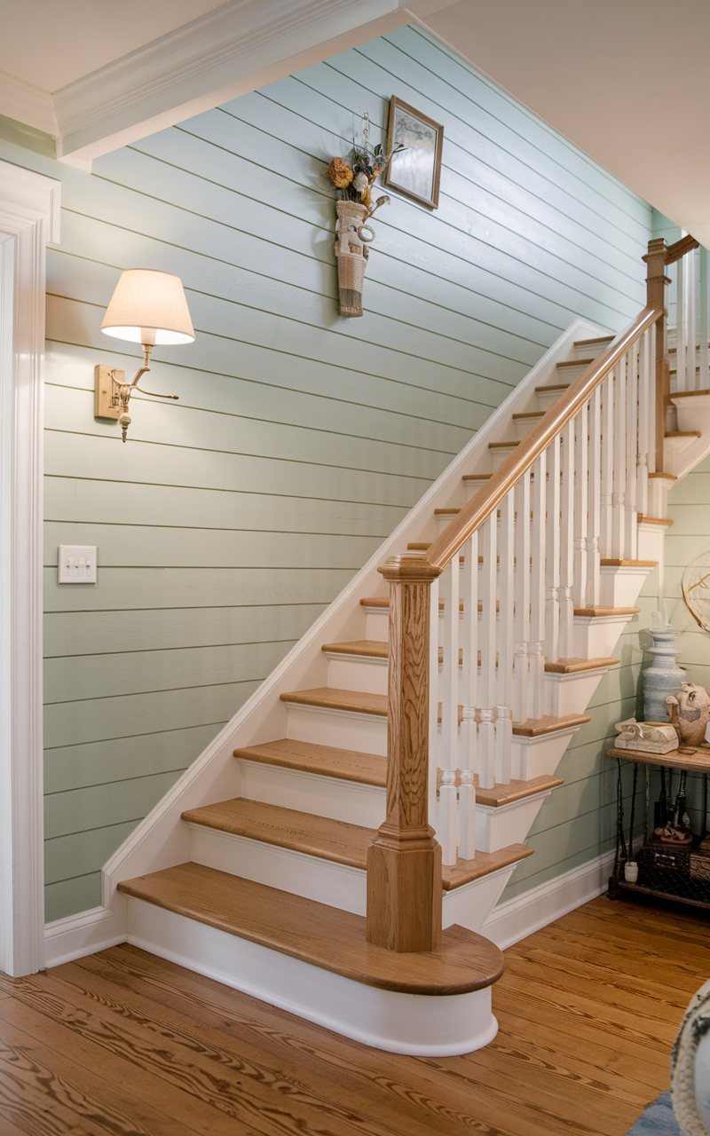 Sage green shiplap accent wall in a stairwell with light wood stairs.