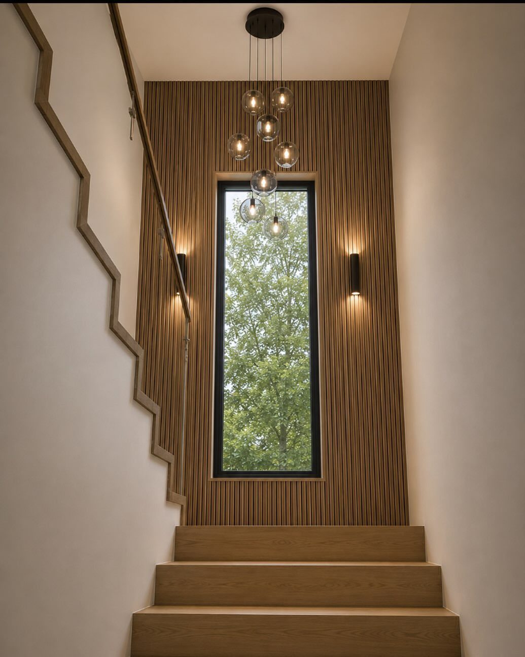 Vertical wood slat wall in a stairwell with a narrow window and modern lighting.