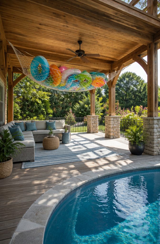 10 Summer Pool Storage Ideas: Smart Ways to Organize Floats, Noodles & Towels 4 A cargo net suspended, holding various pool floats.