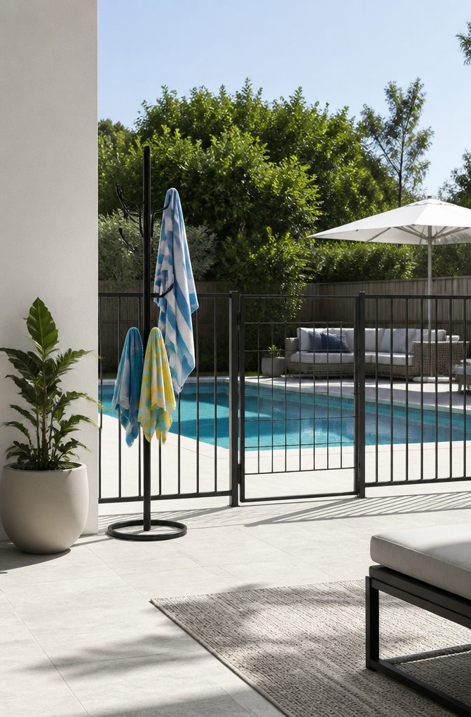 10 Summer Pool Storage Ideas: Smart Ways to Organize Floats, Noodles & Towels 2 A coat rack with curved hooks holding wet towels.