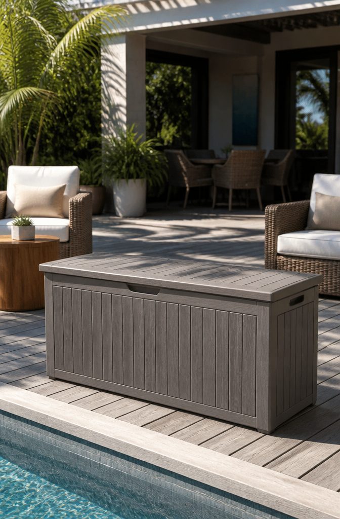 10 Summer Pool Storage Ideas: Smart Ways to Organize Floats, Noodles & Towels 5 A resin deck box positioned next to patio furniture.