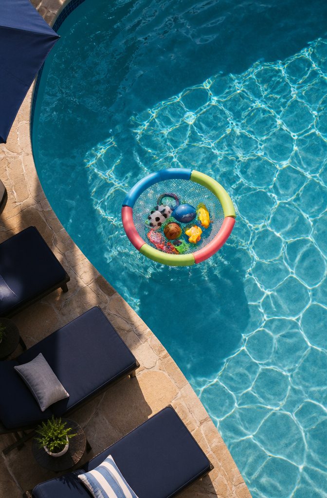 10 Summer Pool Storage Ideas: Smart Ways to Organize Floats, Noodles & Towels 8 A mesh laundry basket surrounded by pool noodles in water.