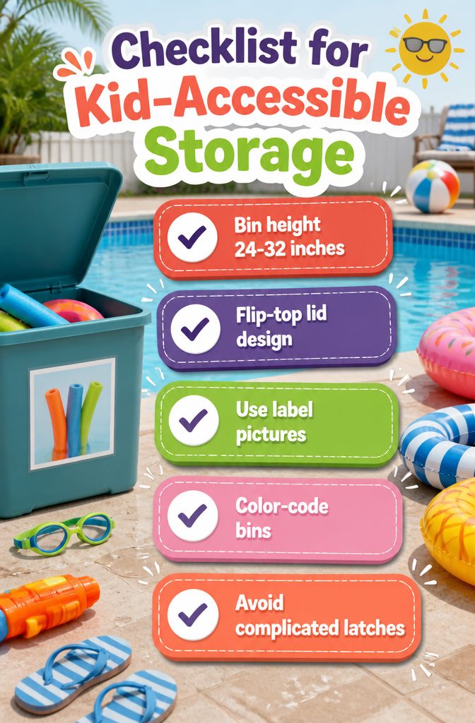 10 Summer Pool Storage Ideas: Smart Ways to Organize Floats, Noodles & Towels 13 A child-accessible storage bin with a flip-top lid.