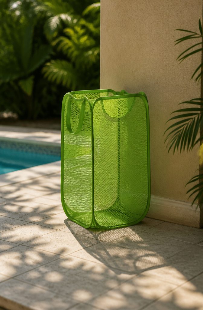 10 Summer Pool Storage Ideas: Smart Ways to Organize Floats, Noodles & Towels 10 A mesh laundry hamper filled with assorted pool toys.