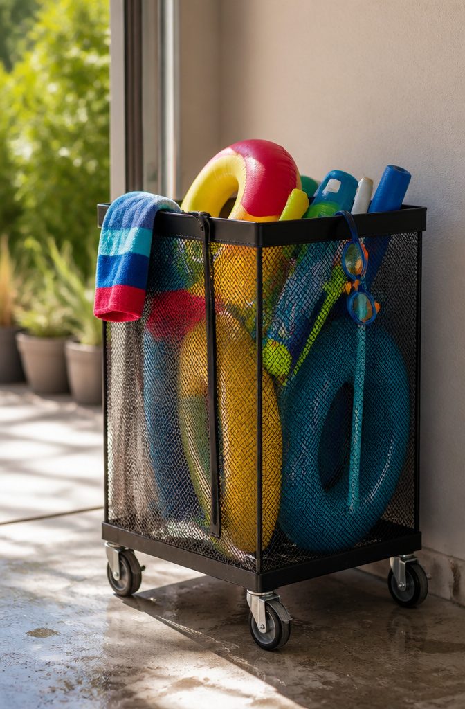 10 Summer Pool Storage Ideas: Smart Ways to Organize Floats, Noodles & Towels 6 A rolling bin with mesh sides filled with wet pool toys.
