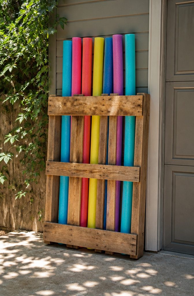 10 Summer Pool Storage Ideas: Smart Ways to Organize Floats, Noodles & Towels 3 A wooden pallet holding colorful pool noodles upright.