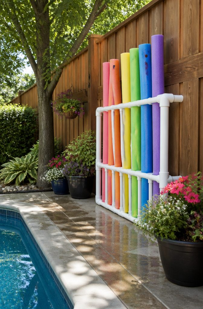 10 Summer Pool Storage Ideas: Smart Ways to Organize Floats, Noodles & Towels 9 A vertical PVC rack displaying colorful pool noodles.