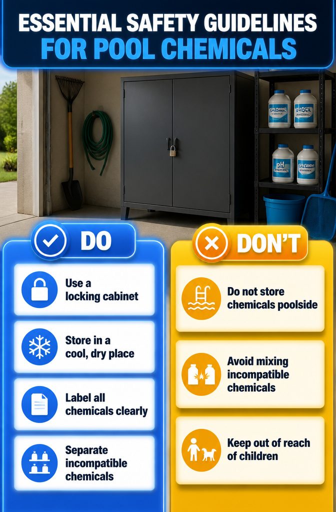 10 Summer Pool Storage Ideas: Smart Ways to Organize Floats, Noodles & Towels 11 An outdoor cabinet designed for secure chemical storage.