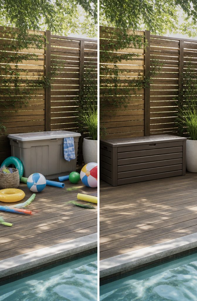 10 Summer Pool Storage Ideas: Smart Ways to Organize Floats, Noodles & Towels 14 A resin deck box that complements patio furniture and landscaping.