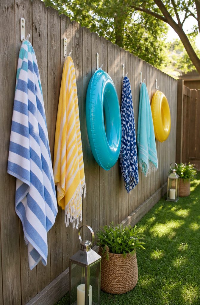 10 Summer Pool Storage Ideas: Smart Ways to Organize Floats, Noodles & Towels 7 A row of hooks on a fence holding towels and floats to dry.