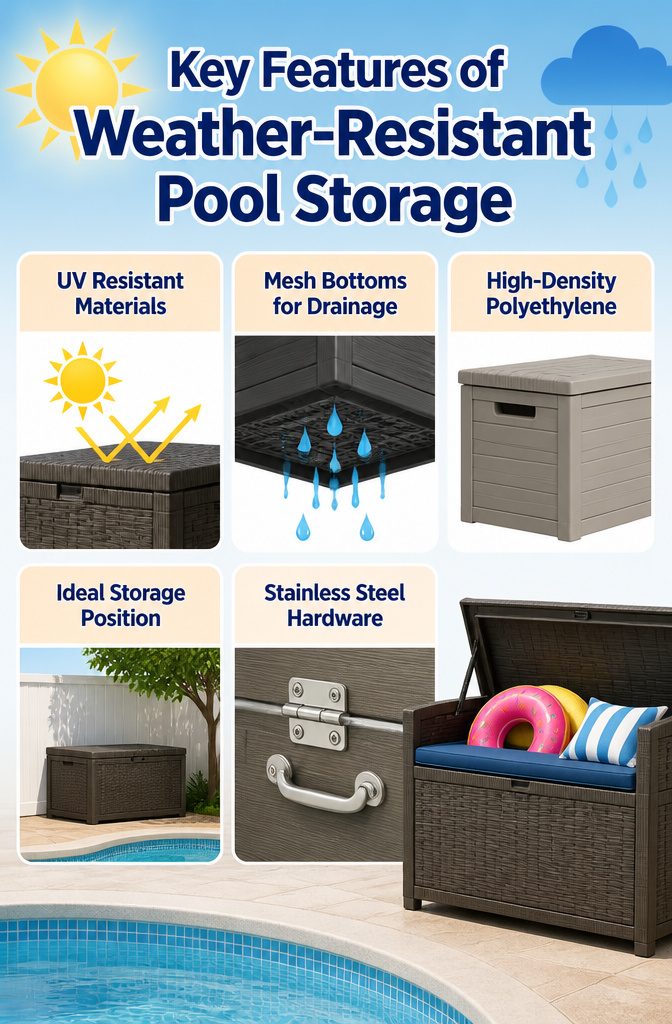 10 Summer Pool Storage Ideas: Smart Ways to Organize Floats, Noodles & Towels 12 Various weather-resistant storage bins and boxes for pool items.