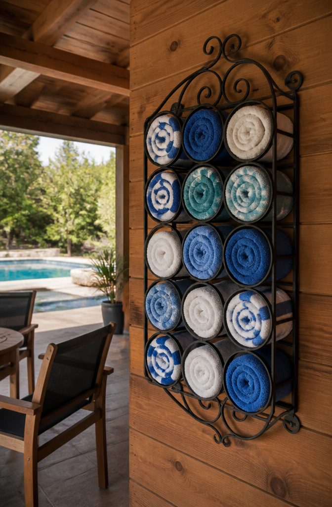 10 Summer Pool Storage Ideas: Smart Ways to Organize Floats, Noodles & Towels 1 A wall-mounted wine rack holds neatly rolled towels.