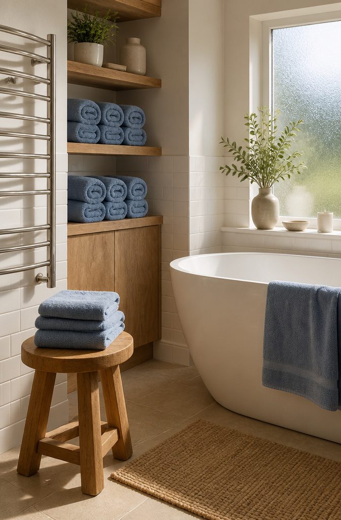 12 Towel Storage Ideas for Every Bathroom (2026) 15 Open wooden shelves displaying rolled towels in a bathroom.